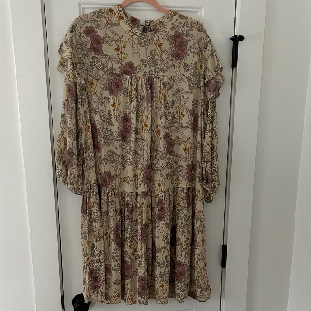 a.n.a Beige Floral Long Sleeve Ruffle Tiered Dress